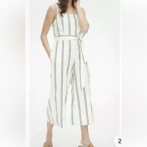 GAP Black and White Linen Striped Apron Wide Leg Jumpsuit